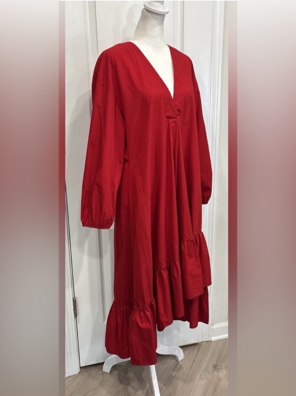 ZARA Red High Low Midi Dress M Asymmetrical Ruffle V Neck Flowy